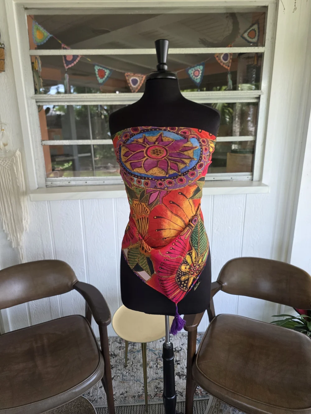 Laurel Burch Mandala Sheer Scarf Orange, Purple & Pink Floral Tassel Scarf
